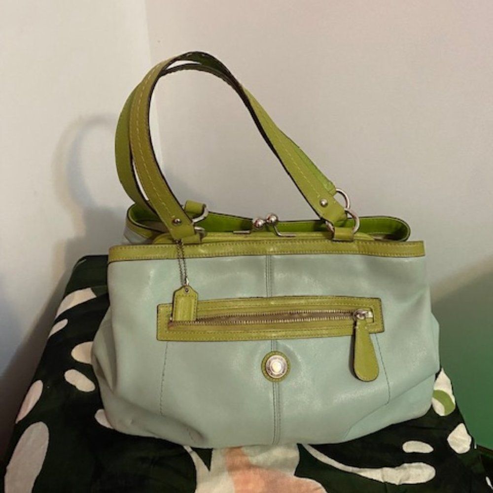Coach F14866 Laura Aqua & Lime Green Leather carryall bag